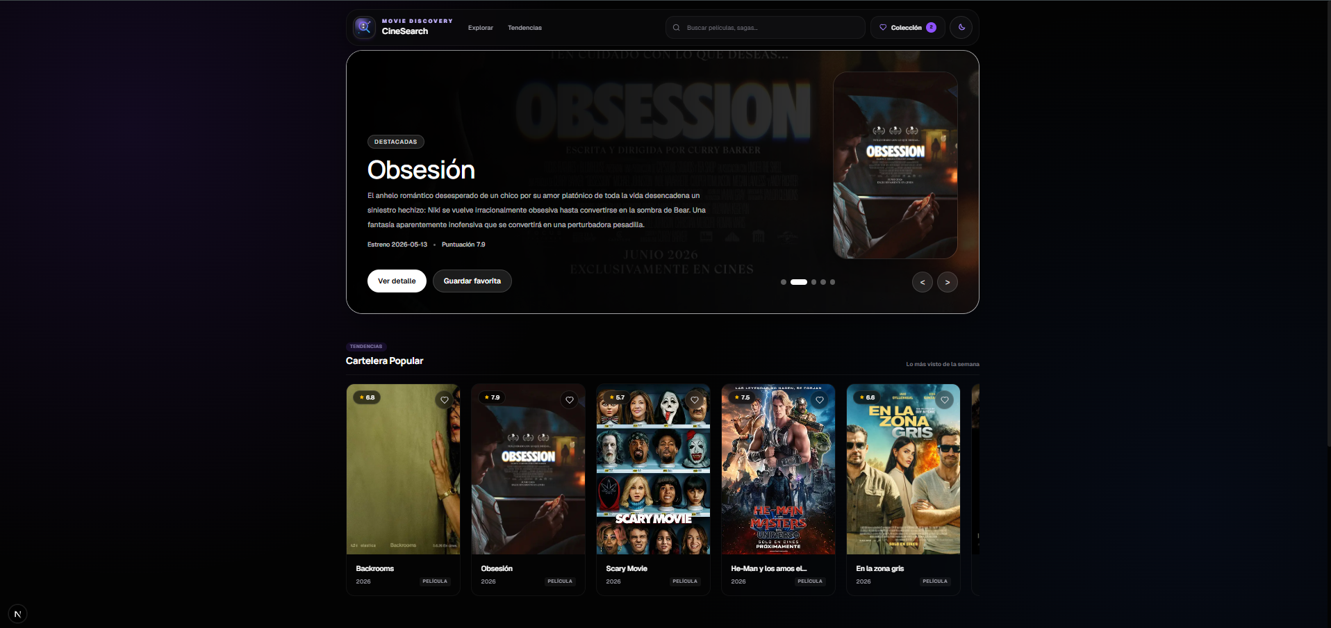 Captura de pantalla del proyecto Portal Cinematográfico
